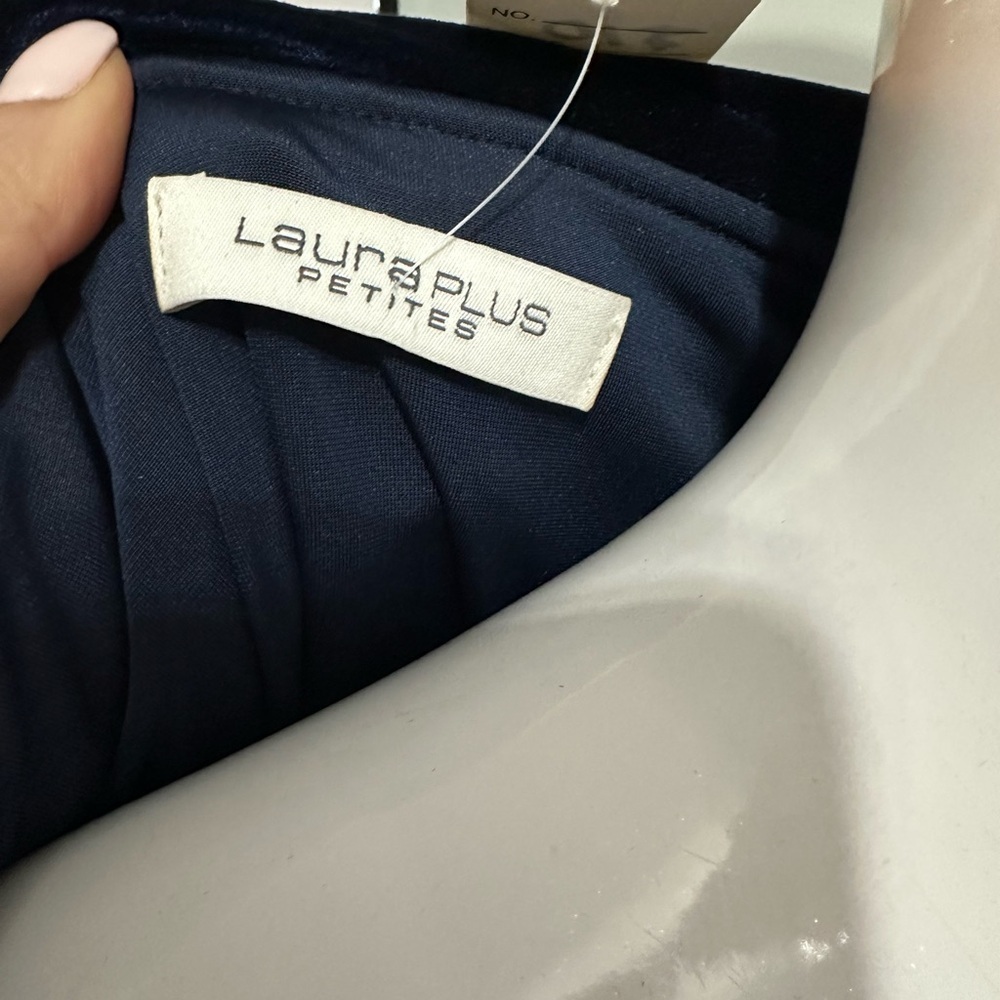 Laura Plus Petites Navy Velvet Draped Top with Rhinestone Detail – New - Picture 7 of 7